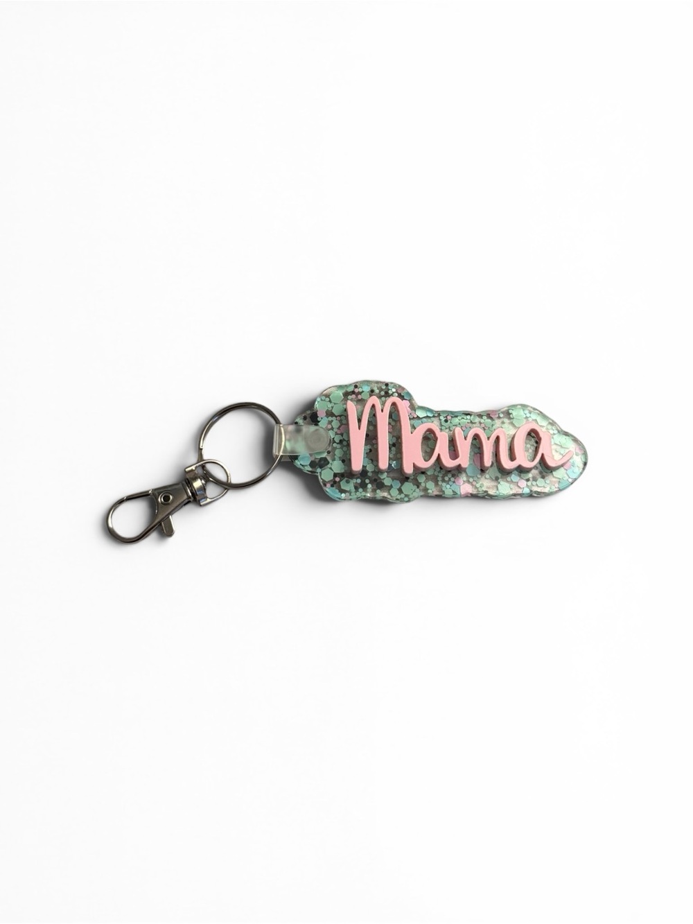 Mama Glitter Resin Keychain - Pink Text on Mint Green